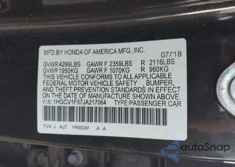 2018 Honda Accord Ex-L из США, поврежденный, VIN 1HGCV1F57JA217064